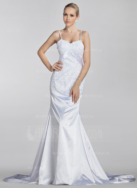 Sirene Cœur Traine courte Charmeuse Robe de Mariée avec Ondulé Dentelle Perlé (002000445)