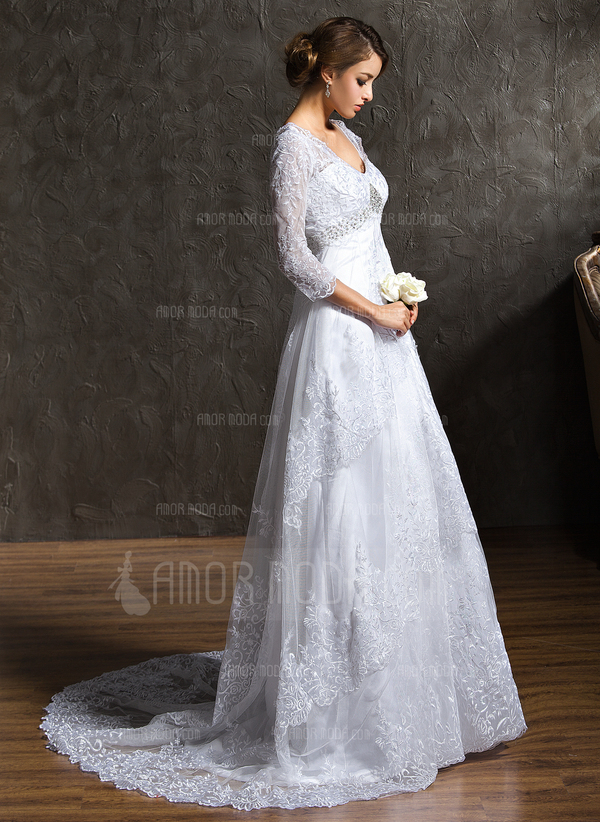 Ligne-A/Princesse Col V Traine courte Satin Dentelle Robe de Mariée avec Dentelle Perlé Pailleté (002004758)