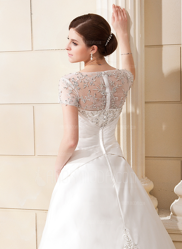 Ligne-A/Princesse Encolure carrée Longeur au sol Satin Tulle Robe de Mariée avec Broderie Ondulé Perlé Sequins (002012175)