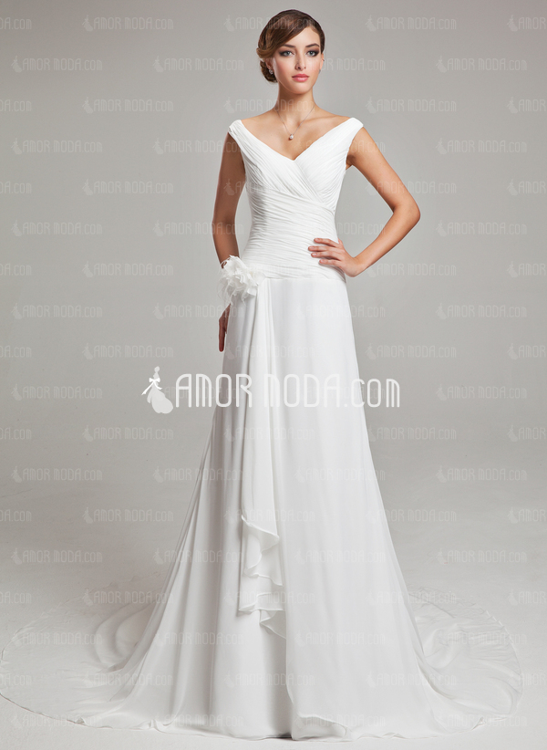 Ligne-A/Princesse Col V Traîne Chapelle Mousseline Satin Robe de Mariée avec Ondulé Plume Fleurs (002011459)