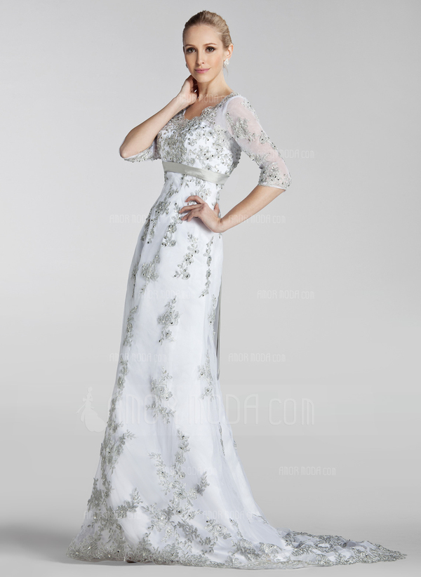 Ligne-A/Princesse Col V Traine courte Satin Dentelle Robe de Mariée avec Echarpes Perlé Sequins (002004151)