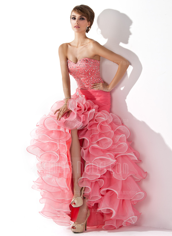 Sirene Cœur Assymetrique Organza Satin Robe de Bal de Promo avec Ondulé Brodé Pailleté (018005075)