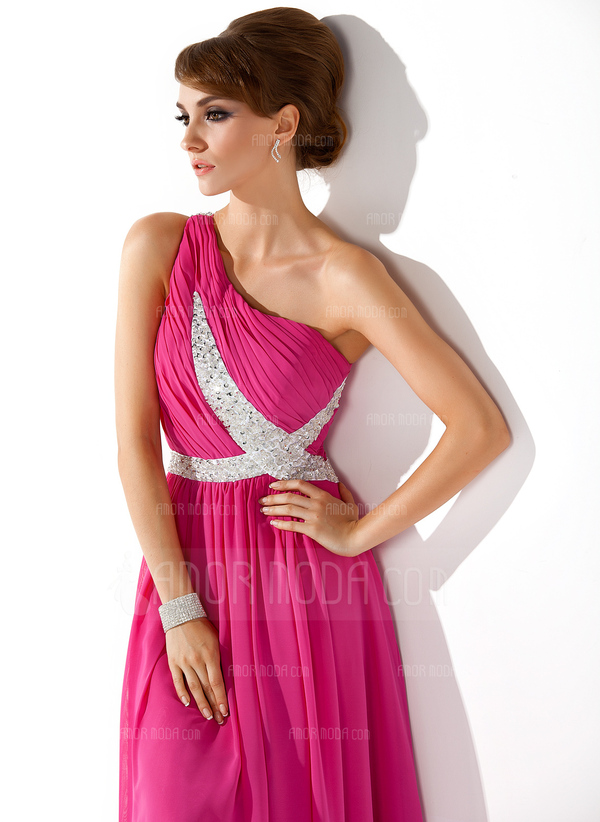 A-Lijn/Prinses Een-Schouder Vloerlengte Chiffon Avondjurken met Roes Kraal Lovertjes (017005592)