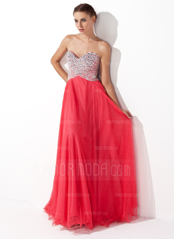 Ligne-A/Princesse Cœur Longeur au sol Tulle Charmeuse Robe de Bal de Promo avec Brodé (018004812)
