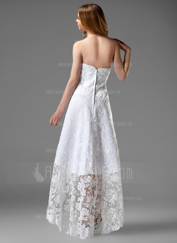 Ligne-A/Princesse Sans bretelles Assymetrique Satin Dentelle Robe de Mariée avec Perlé (002000226)