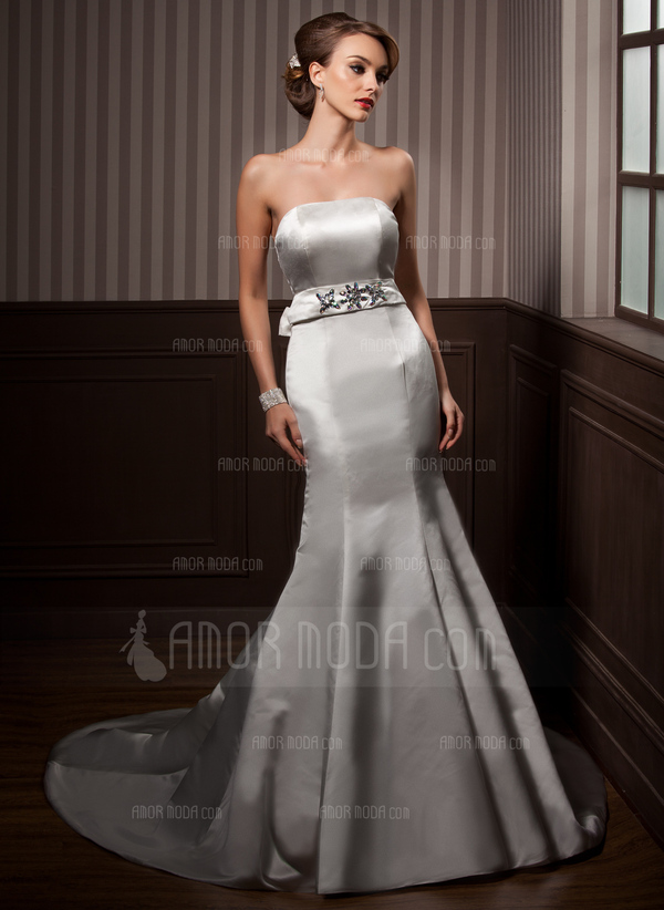 Sirene Cœur Traine courte Satin Robe de Mariée avec Echarpes Perlé (002001174)