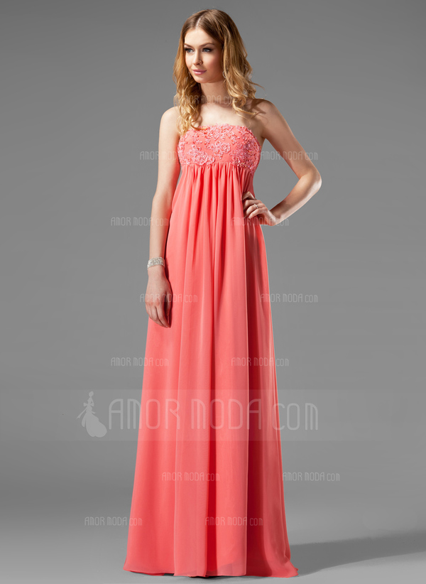 Keizer Strapless Vloerlengte Chiffon Vakantie Jurk met Roes Kant Kraal (020003264)