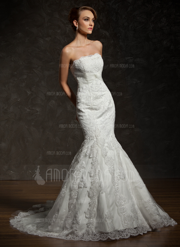 Sirene Sans bretelles Traîne Chapelle Satin Tulle Robe de Mariée avec lacet Perlé (002000634)