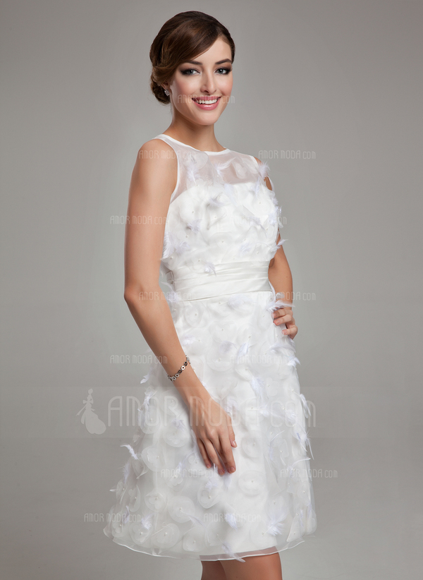 Coupe droite Col rond Mi-longues Organza Satin Robe de Mariée avec pétales (002011489)