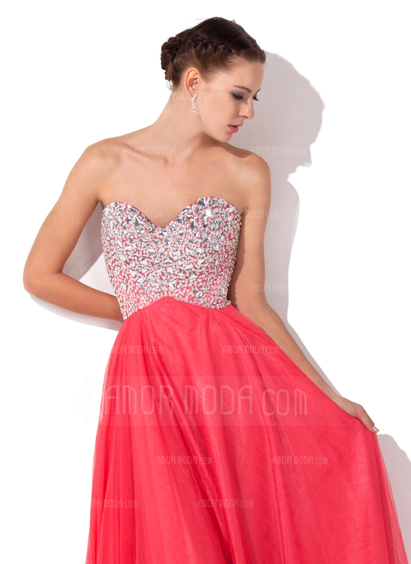 Ligne-A/Princesse Cœur Longeur au sol Tulle Charmeuse Robe de Bal de Promo avec Brodé (018004812)