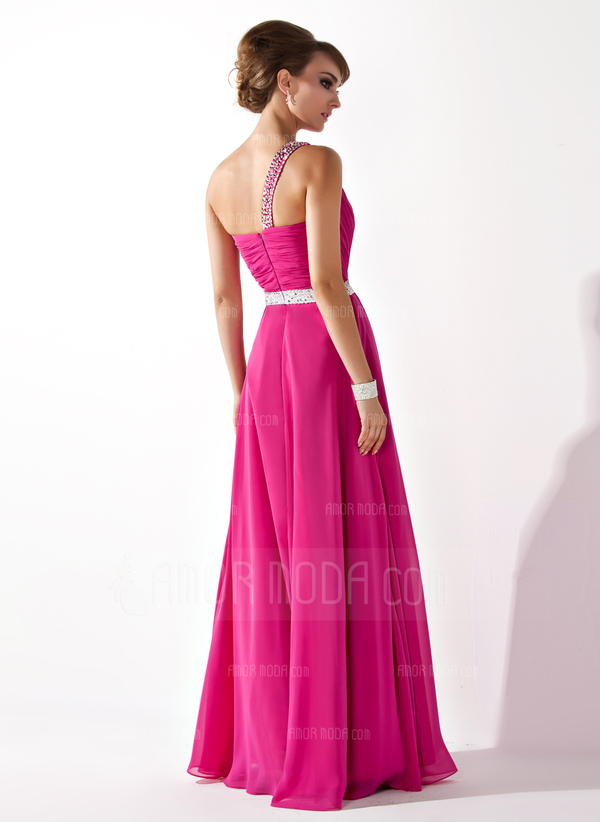 A-Lijn/Prinses Een-Schouder Vloerlengte Chiffon Avondjurken met Roes Kraal Lovertjes (017005592)