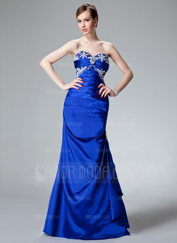 Sirene Cœur Longeur au sol Charmeuse Robe de Soirée avec Ondulé Brodé Appliques (017004185)