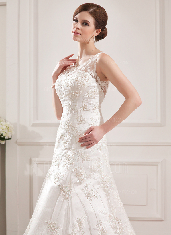 Sirene Col rond Traine courte Satin Tulle Robe de Mariée avec Dentelle (002019530)