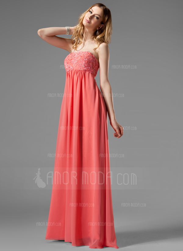 Keizer Strapless Vloerlengte Chiffon Vakantie Jurk met Roes Kant Kraal (020003264)