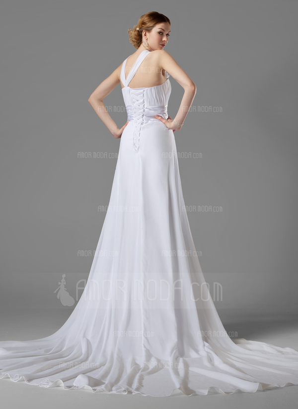 Empire Une epaule Traîne Chapelle Mousseline Charmeuse Robe de Mariée avec Ondulé Fleurs (002000447)