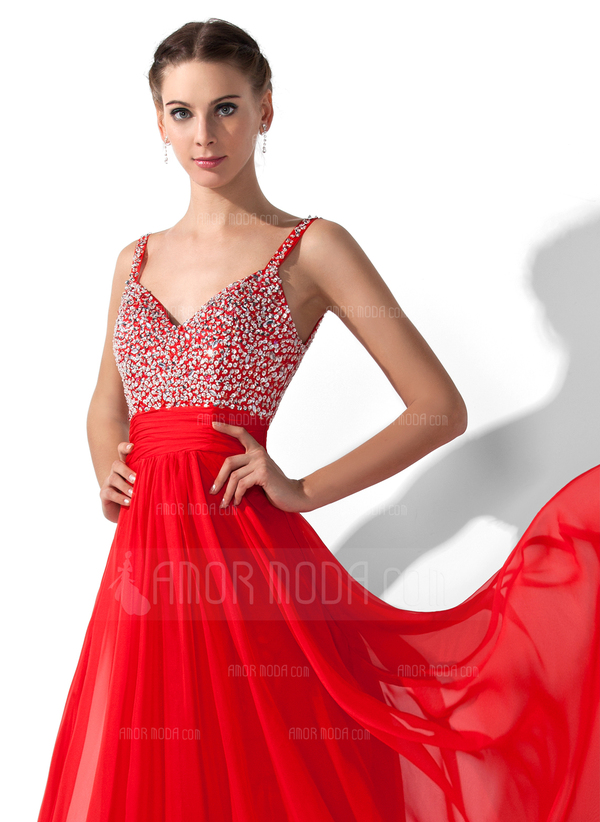Ligne-A/Princesse Col V Longeur au sol Mousseline Robe de Bal de Promo avec Ondulé Brodé Pailleté (018005105)
