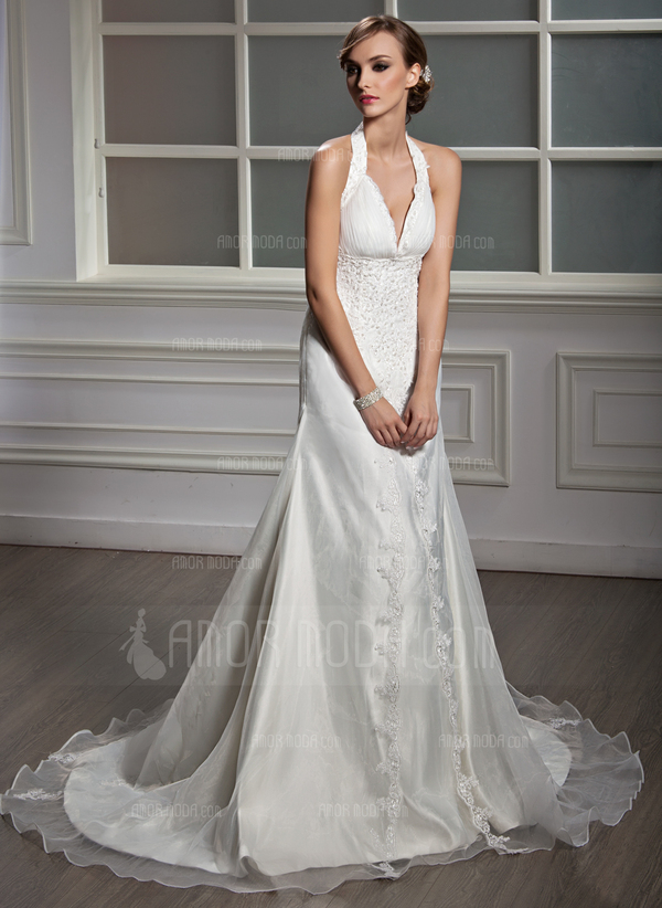 Ligne-A/Princesse Bretelles autour du cou Traine courte Organza Satin Robe de Mariée avec Ondulé Dentelle Perlé (002012015)