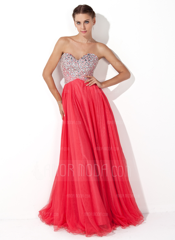 Ligne-A/Princesse Cœur Longeur au sol Tulle Charmeuse Robe de Bal de Promo avec Brodé (018004812)