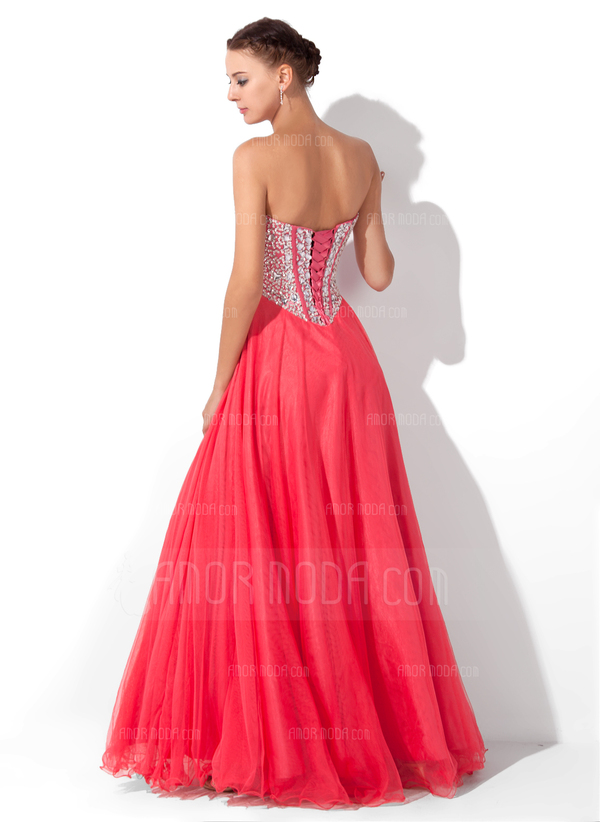 Ligne-A/Princesse Cœur Longeur au sol Tulle Charmeuse Robe de Bal de Promo avec Brodé (018004812)