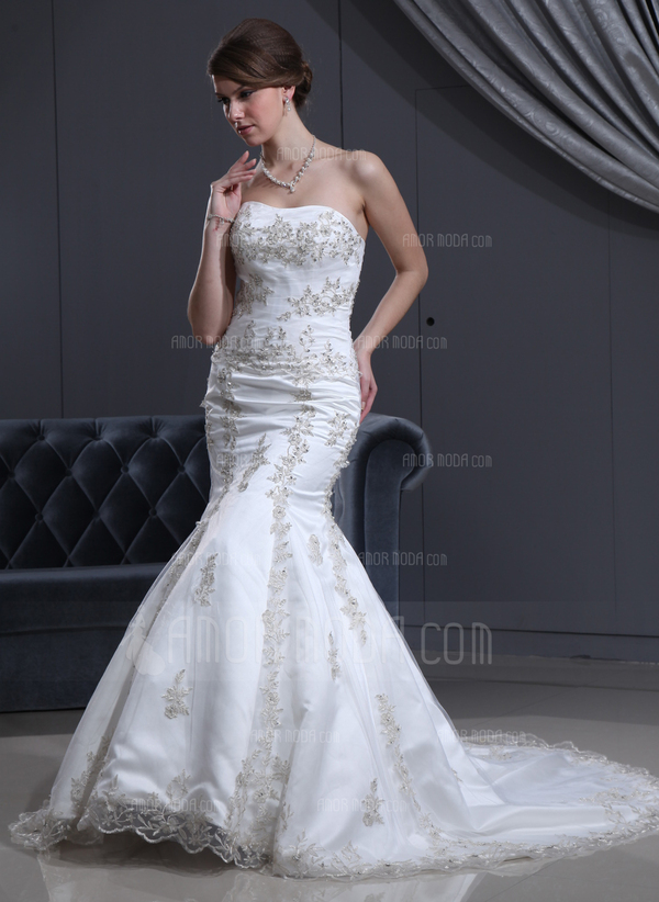 Sirene Cœur Traine courte Satin Tulle Robe de Mariée avec Dentelle Perlé (002000301)