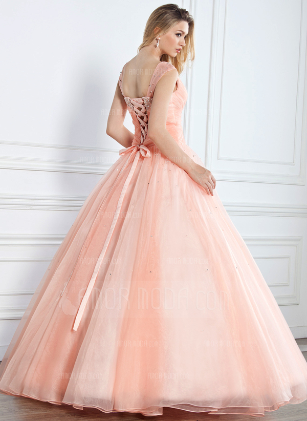 bal Col V Longeur au sol Organza satin Robe de Quinceanera avec Ondulé Brodé Pailleté (021002897)