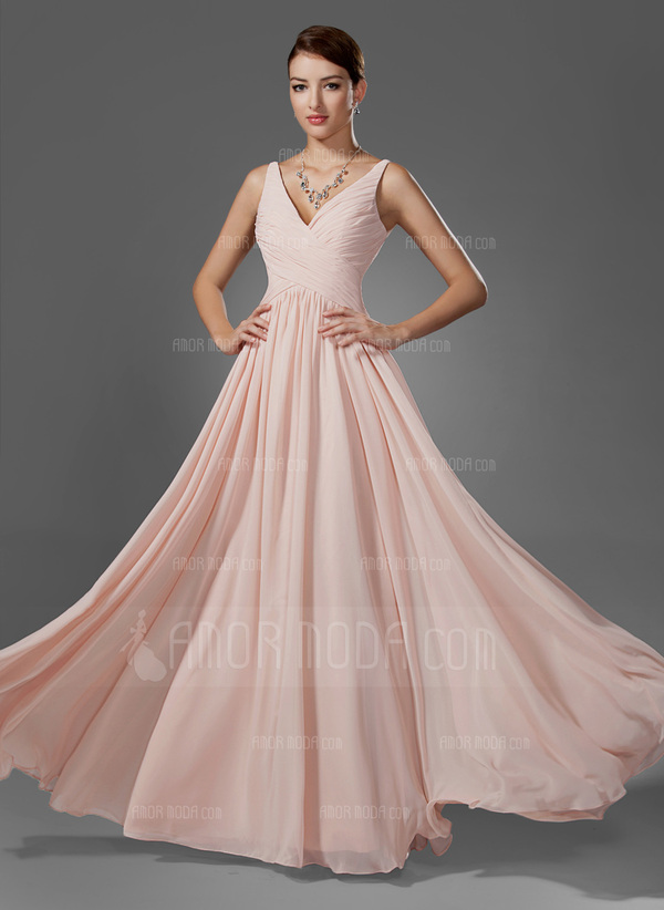 Ligne-A/Princesse Col V Longeur au sol Mousseline Robe de Bal de Promo avec Ondulé (018005068)