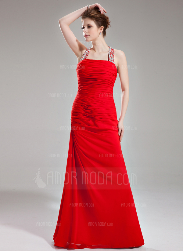 Nauwaansluitend Halter Vloerlengte Chiffon Avondjurk met Roes Beading Pailletten (017002264)