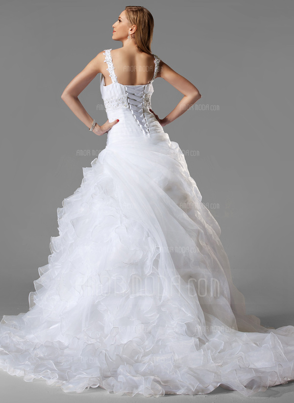 bal Col V Traîne Chapelle Organza Satin Robe de Mariée avec Ondulé lacet Perlé Sequins (002004781)