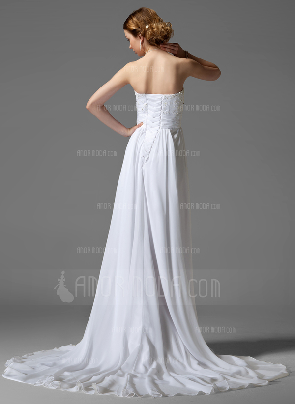 Empire Cœur Traine courte Mousseline Robe de Mariée avec Ondulé Dentelle Perlé Fleurs (002004001)