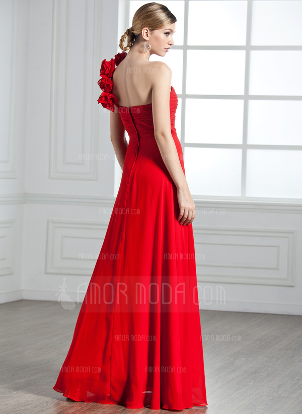 A-Lijn/Prinses Een-Schouder Vloerlengte Chiffon Avondjurk met Roes Bloem(En) (017002599)