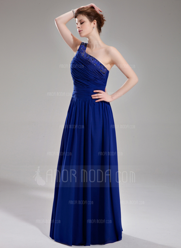Ligne-A/Princesse Une epaule Longeur au sol Mousseline Robe de Soirée avec Ondulé Brodé (017004376)