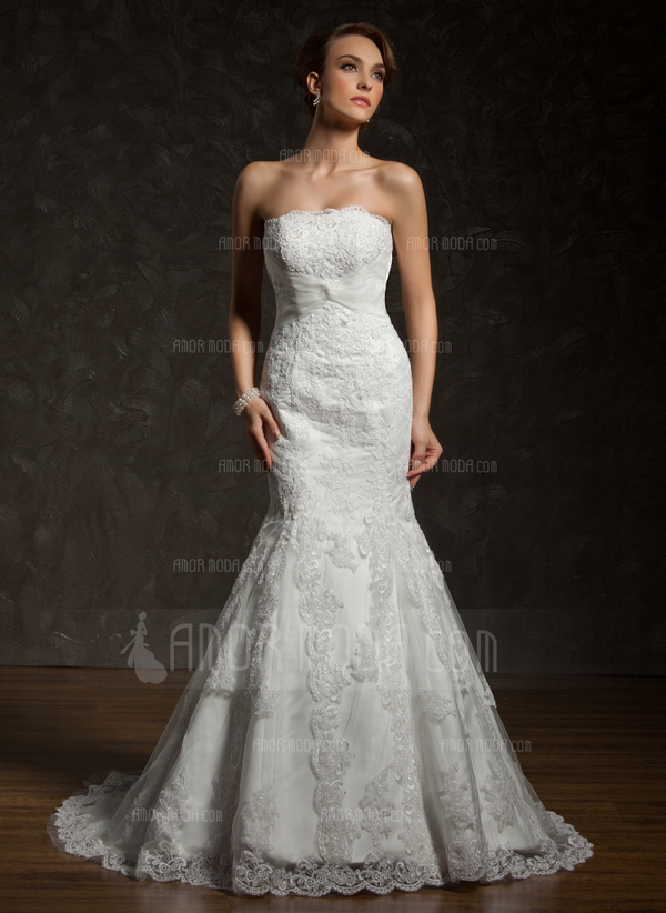 Sirene Sans bretelles Traîne Chapelle Satin Tulle Robe de Mariée avec lacet Perlé (002000634)