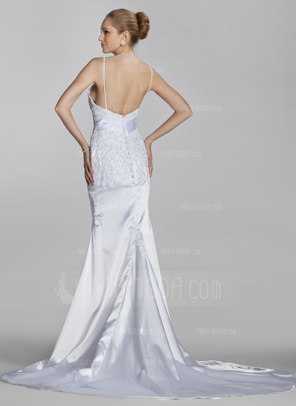 Sirene Cœur Traine courte Charmeuse Robe de Mariée avec Ondulé Dentelle Perlé (002000445)