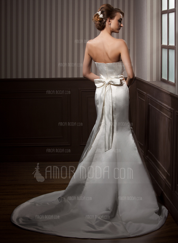 Sirene Cœur Traine courte Satin Robe de Mariée avec Echarpes Perlé (002001174)