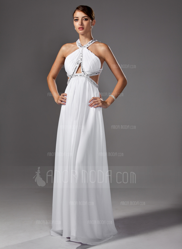 Empire Col rond Traine longue mousseline de soie Robe de Bal de Promo avec Ondulé Brodé (018002320)