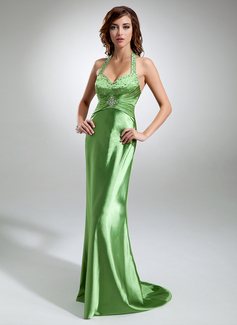 Robe de Bal de Promo Gaine Bretelles autour du cou Traine longue Charmeuse Robe de Bal de Promo avec Ondulé Perles (018002832)
