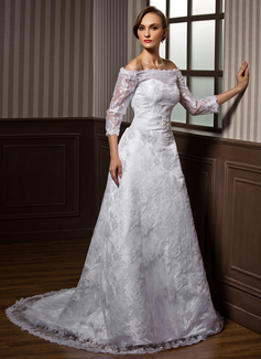 Robe de Mariée Ligne-A/Princesse Hors épaule Traine courte Satin lacet Robe de Mariée avec lacet Perlé (002000115)