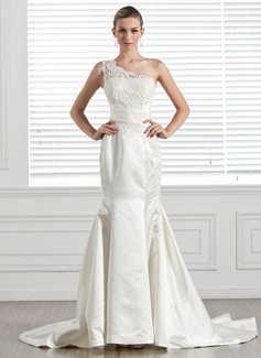 Robe de Mariée Sirene Une epaule Traine courte Satin Robe de Mariée avec Dentelle Perlé (002000683)