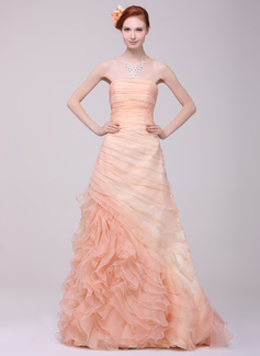 Robe de Bal de Promo Ligne-A/Princesse Sans bretelles Traine longue Organza Robe de Bal de Promo avec Ondulé (018016218)