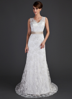 Robe de Mariée Coupe droite Col V Traine courte Charmeuse Dentelle Robe de Mariée avec Echarpes Perlé (002000171)