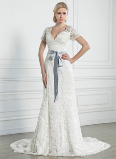 Robe de Mariée Ligne-A/Princesse Col V Traine courte Satin Dentelle Robes de Mariée avec Echarpes (002005247) Robe de Mariée Ligne-A/Princesse Col V Traine courte Satin Dentelle Robes de Mariée avec Echarpes (002005247)