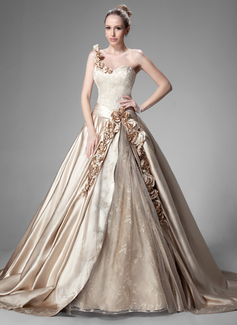 Robe de Mariée bal Une epaule Traîne Chapelle Satin Dentelle Robe de Mariée avec Ondulé Perlé Fleurs (002004515)