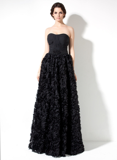 Robe de Bal de Promo Ligne-A/Princesse Cœur Longeur au sol Mousseline Dentelle Robe de Bal de Promo avec Ondulé Perles Fleurs (018021103)