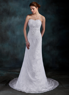 Sheath/Column Sweetheart Court Train Satin Lace Wedding Dresses With Ruffle Beadwork Sequins (002000