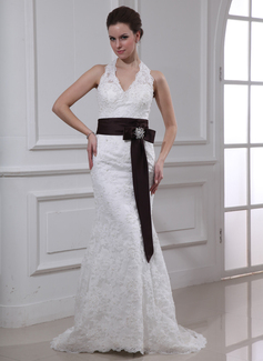 Robe de Mariée Coupe droite Bretelles autour du cou Traine longue Satin Dentelle Robe de Mariée avec Echarpes Broche florale en cristal (002000430)