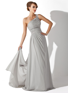 Avondjurken A-Lijn/Prinses Een-Schouder Watteau Sleep Chiffon Avondjurk met Roes Kraal (017002625)