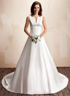 A-Line/Princess V-neck Chapel Train Satin Wedding Dresses With Beadwork (002000072)