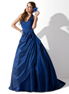 Robe de Bal de Promo bal Bretelles autour du cou Traine longue Taffetas Robe de Bal de Promo avec Ondulé Brodé (018004996)