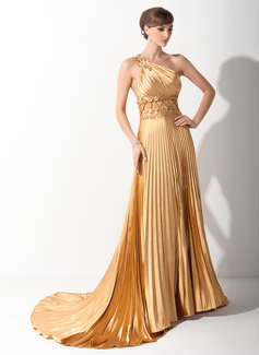 Robe de Bal de Promo Ligne-A/Princesse Une epaule Traine courte Tulle Charmeuse Robe de Bal de Promo avec Ondulé Appliques (018015060)