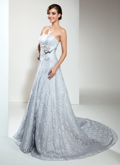 Robe de Mariée Ligne-A/Princesse Sans bretelles Traîne Chapelle Satin Dentelle Robe de Mariée avec Perlé (002000173)